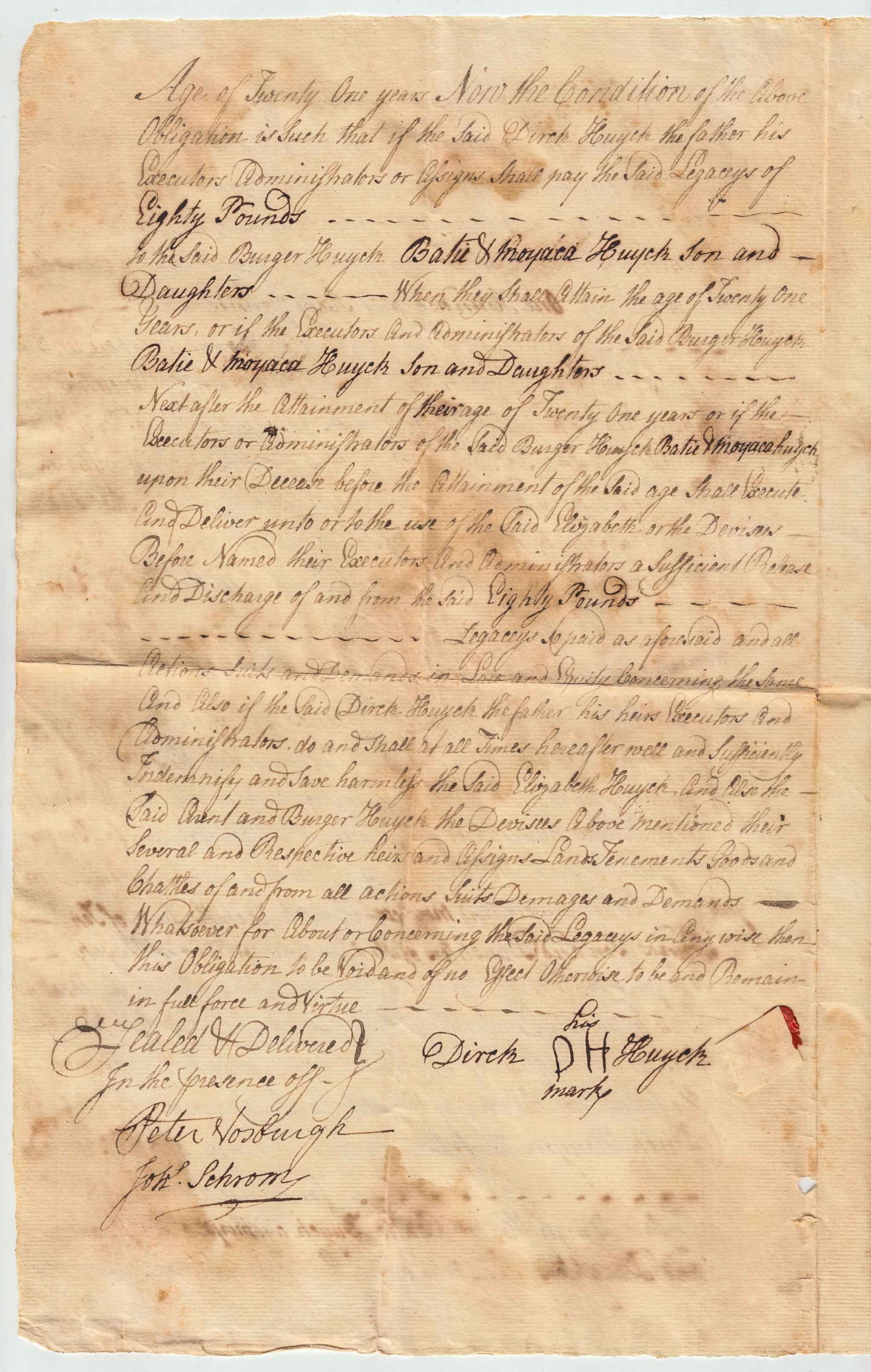 BH014 1772-01-29 Indemnification Bond, Dirck Huyck to Elizabeth Huyck et al Re. the Administration of the Estate of Andries B. Huyck